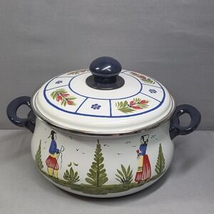 RARE Henriot Quimper Metal Dutch Oven Enamelware Breton Man & Woman Lady Pot HB
